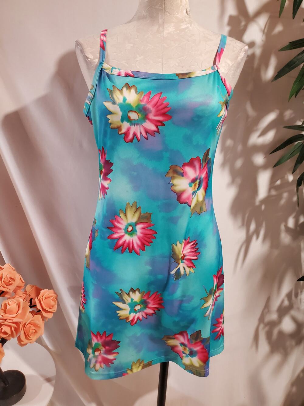 Vtg 90s Y2K Xhilaration Floral Watercolor Mini Tank Dress Size L Colorful Artsy
